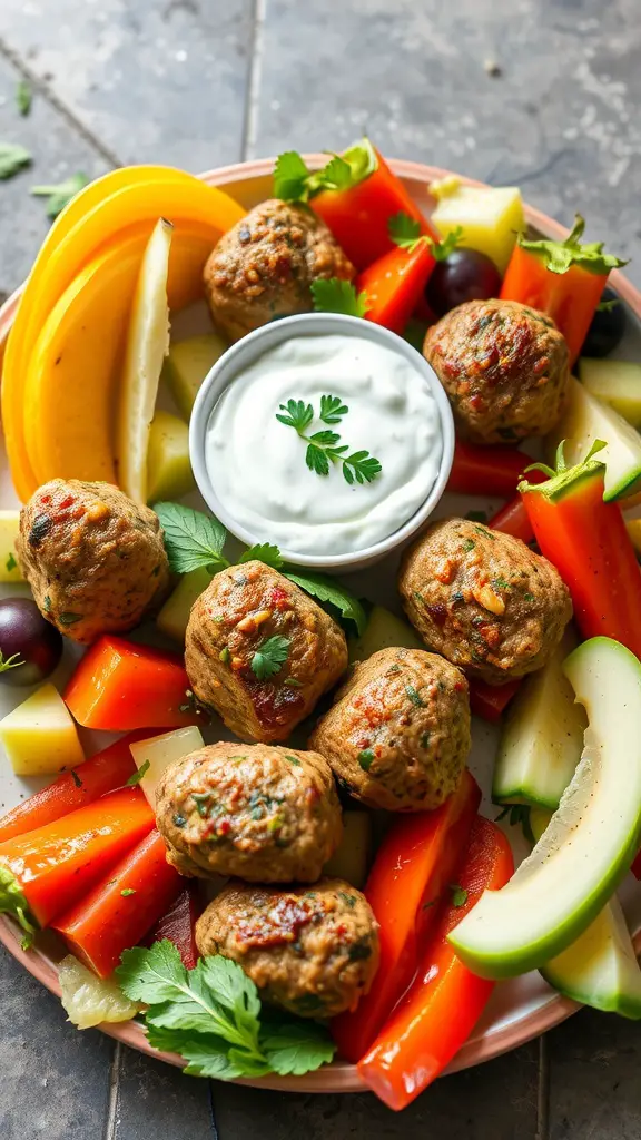 Plate of Mediterranean Herb Meatballs with fresh vegetables and a yogurt dip