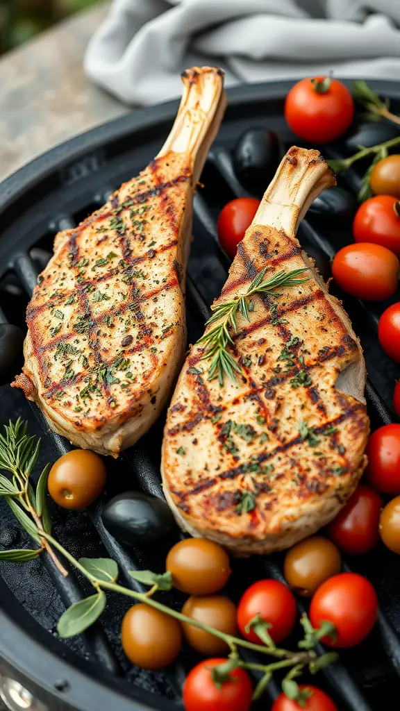 Mediterranean Herb Pork Chops grilling on a barbecue.