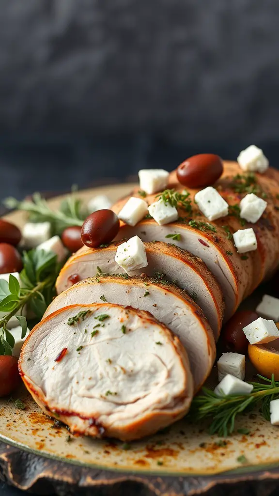 Mediterranean Herb Pork Tenderloin garnished with feta cheese and cherry tomatoes
