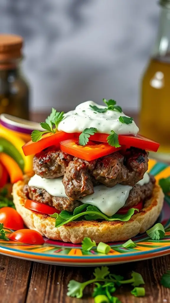 A delicious Mediterranean lamb burger with fresh toppings and tzatziki sauce.