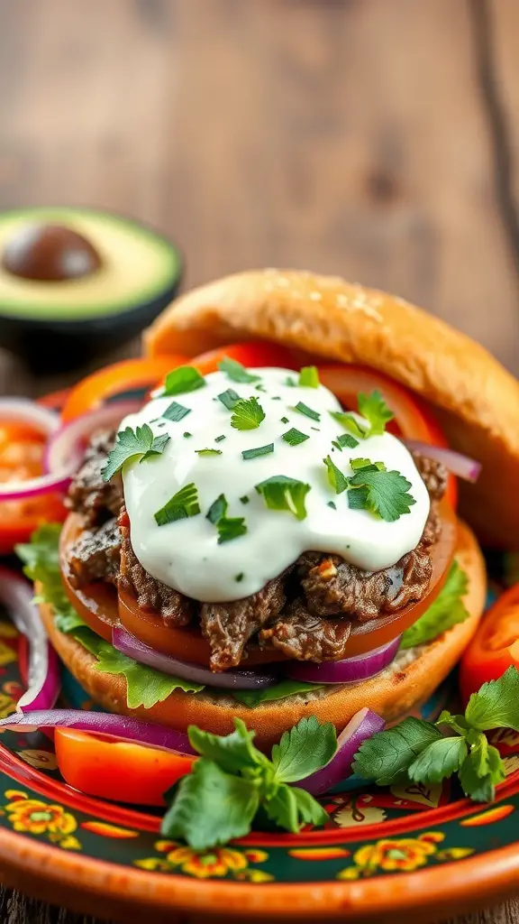Mediterranean Lamb Burger with fresh toppings on a bun