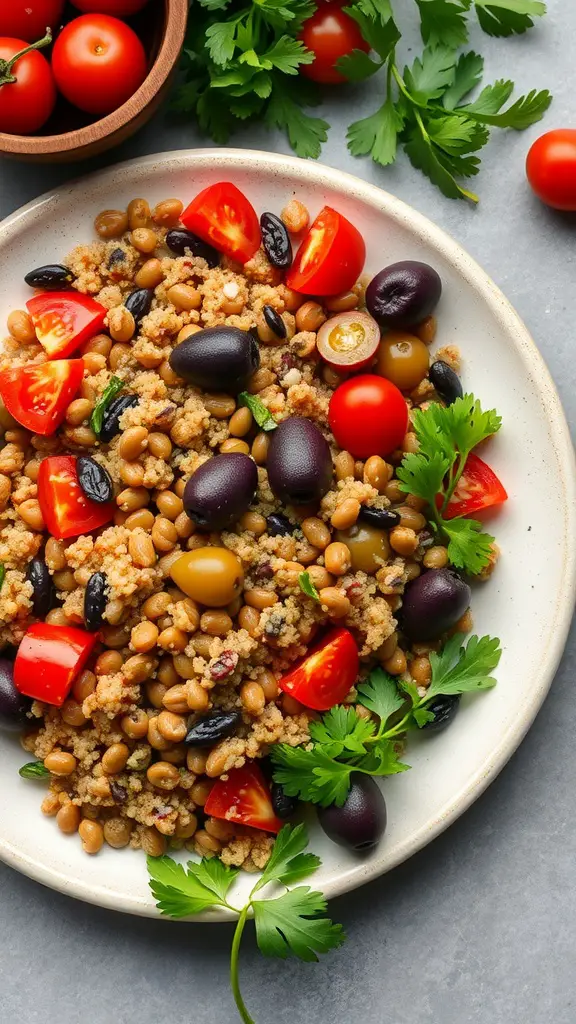 A colorful Mediterranean Lentil and Quinoa Salad with cherry tomatoes, olives, and fresh herbs.