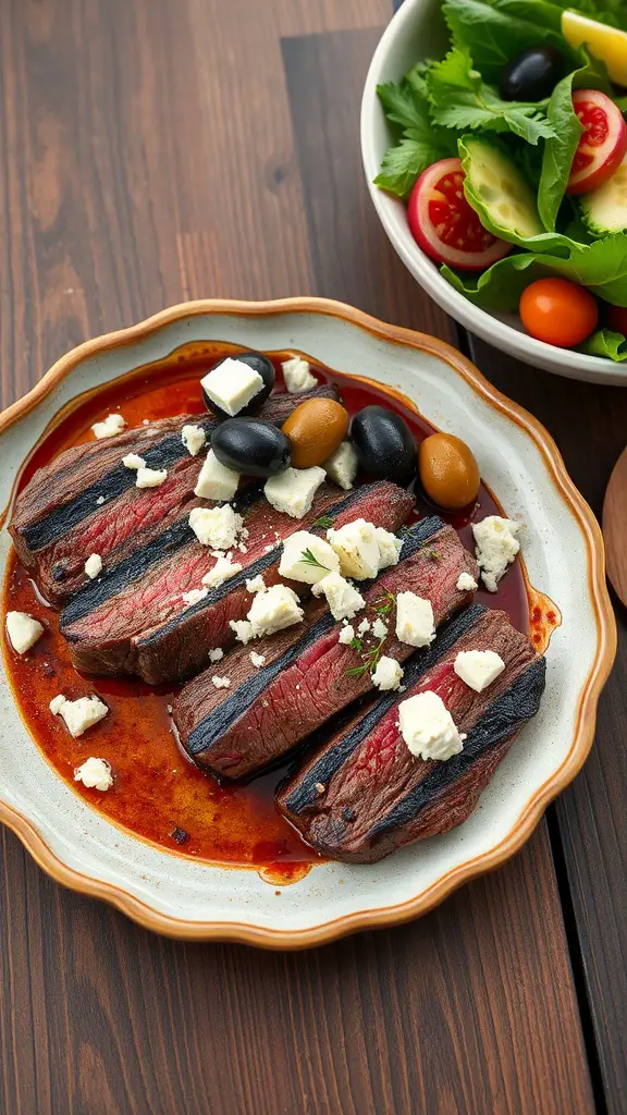 Grilled skirt steak with feta and olives on a plate.