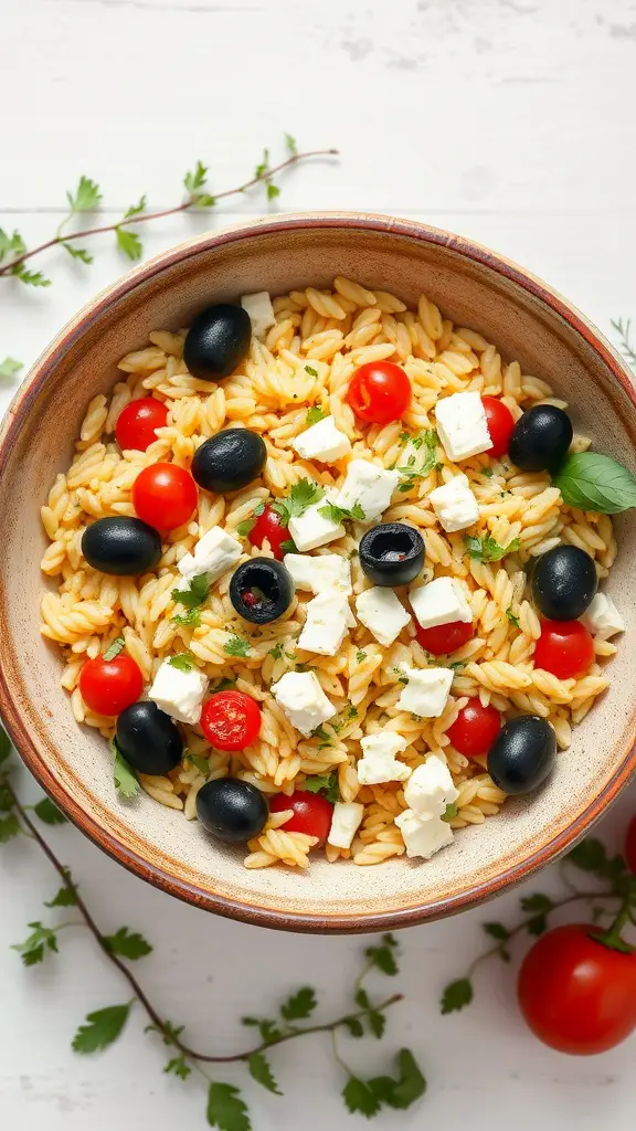 A vibrant Mediterranean Orzo Salad with feta cheese, olives, and cherry tomatoes in a bowl.