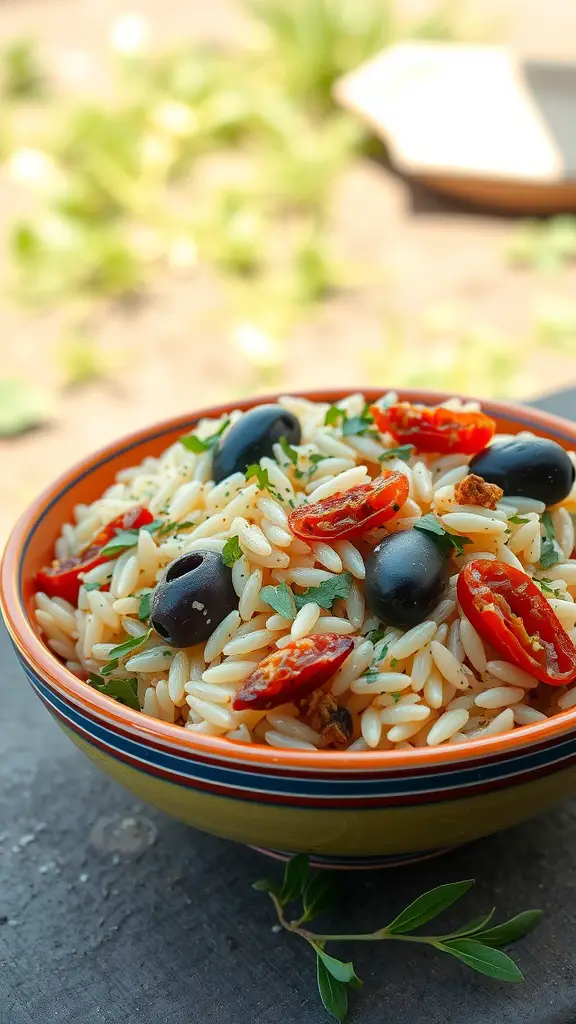 A colorful Mediterranean orzo salad featuring olives and sun-dried tomatoes in a bowl.