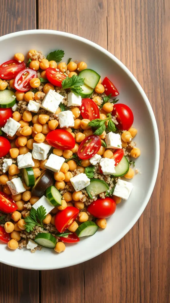 A colorful Mediterranean quinoa salad with chickpeas, tomatoes, cucumbers, and feta cheese.