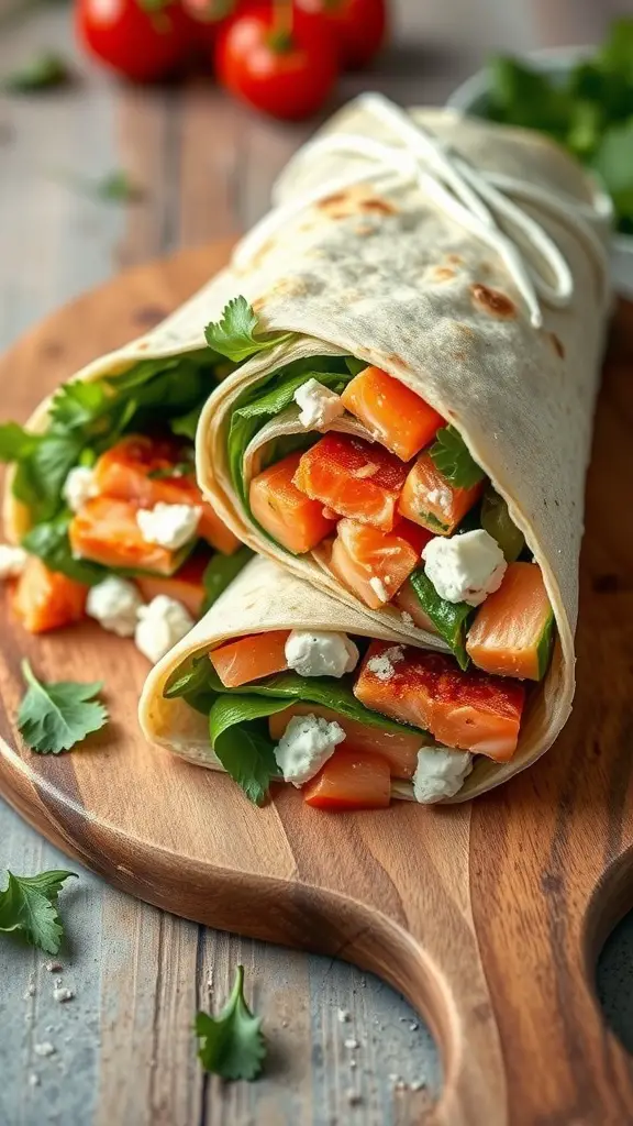 A delicious Mediterranean salmon wrap with fresh vegetables and feta cheese
