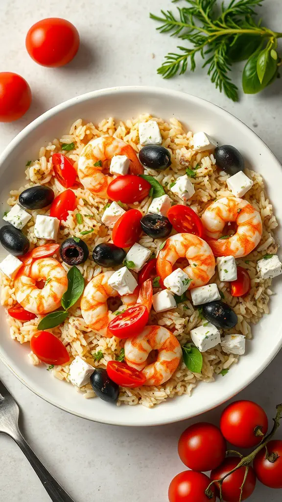 A bowl of Mediterranean Shrimp and Rice Salad with shrimp, olives, tomatoes, and feta cheese.
