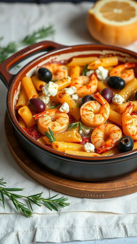 A delicious Mediterranean shrimp pasta bake with shrimp, pasta, olives, and feta cheese.