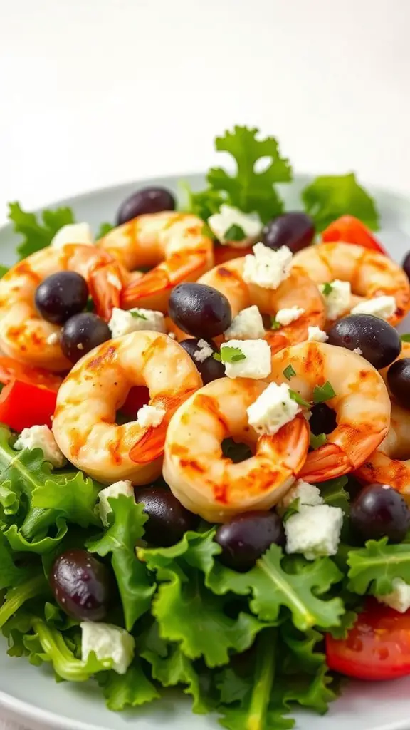 A vibrant plate of Mediterranean shrimp salad featuring shrimp, feta cheese, olives, and mixed greens.