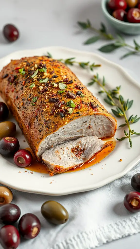 Mediterranean spiced pork loin on a plate with olives and herbs