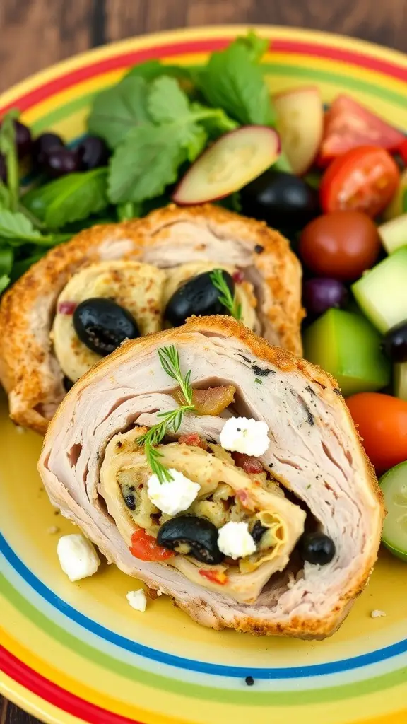 Plate of Mediterranean stuffed pork chops with olives, herbs, and salad