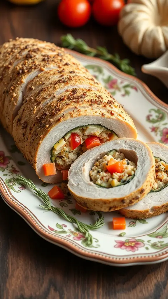 A beautifully presented Mediterranean stuffed pork loin sliced to reveal its colorful filling on a decorative platter.