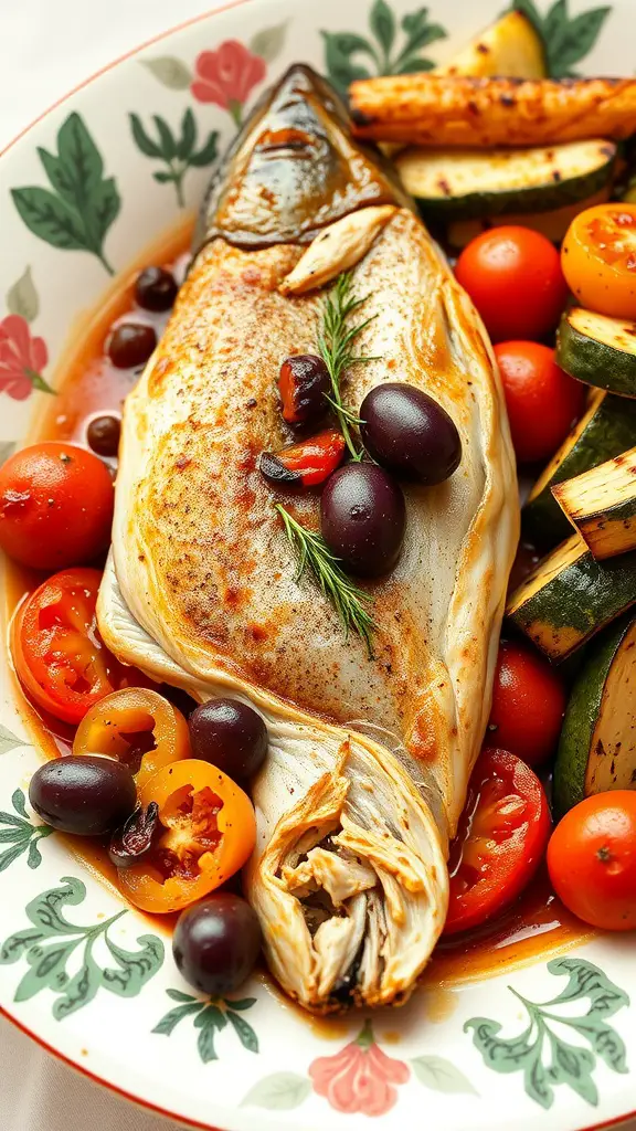 A beautifully grilled trout stuffed with Mediterranean ingredients, garnished with fresh herbs and lemon slices.