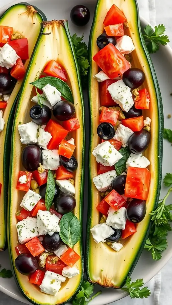 Stuffed zucchini with tomatoes, olives, and feta cheese