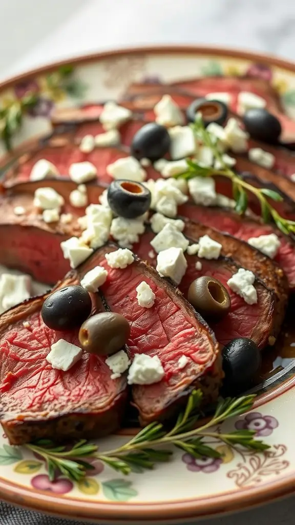 Juicy sirloin steak topped with feta cheese and olives in a vibrant presentation.