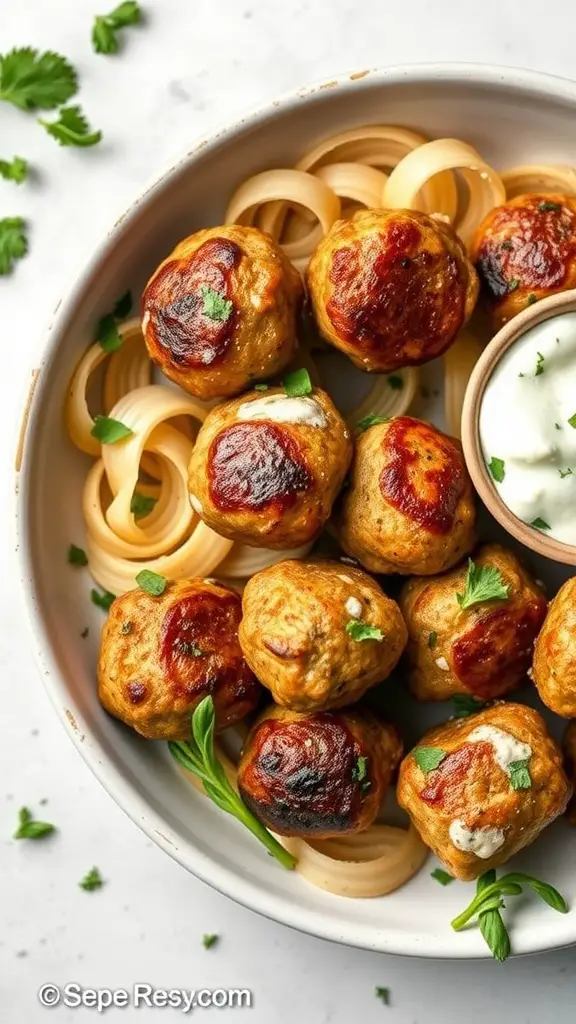 A plate of Mediterranean turkey meatballs served with pasta and a side of sauce.