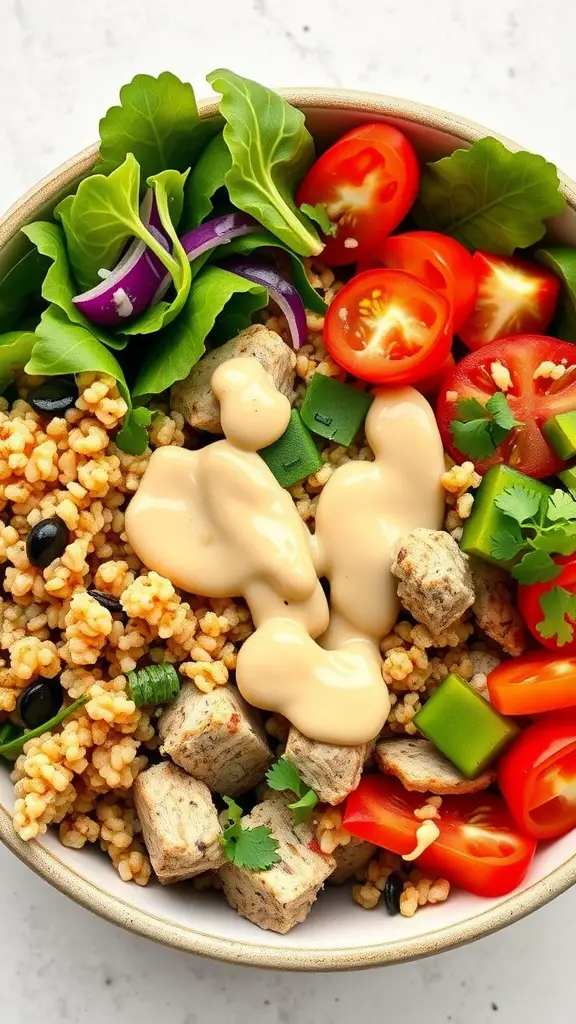 A colorful bowl filled with quinoa, ground turkey, fresh vegetables, and dressing.