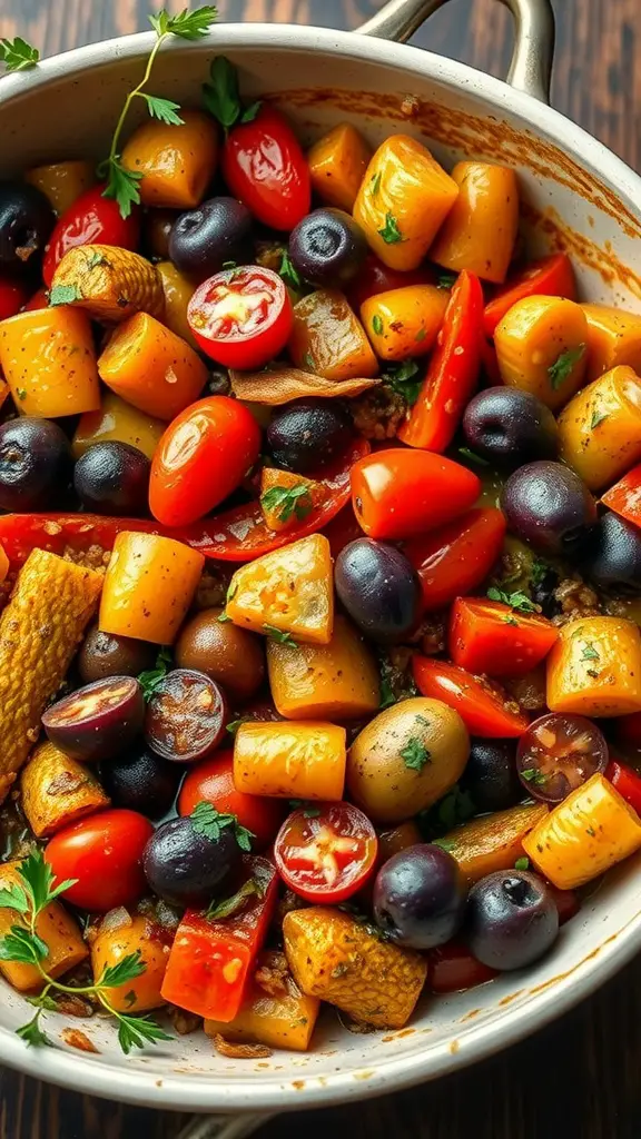 A colorful Mediterranean Vegetable Bake with various vegetables and a cheesy topping