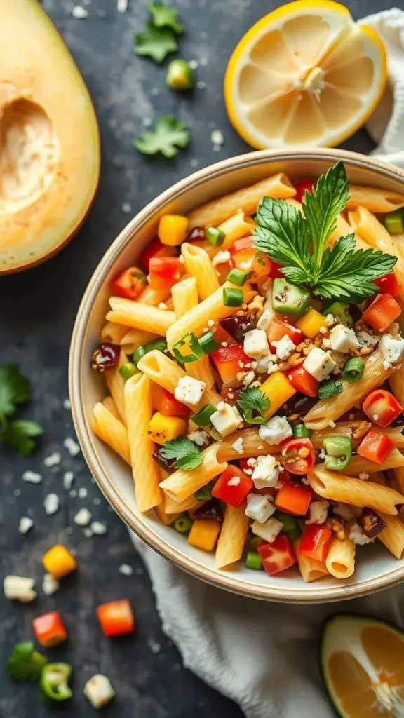 Colorful bowl of Mexican Street Corn Pasta Salad with fresh ingredients.