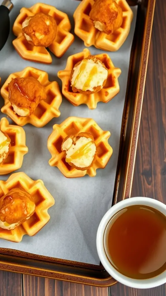 Mini chicken and waffle bites served on a platter with syrup.