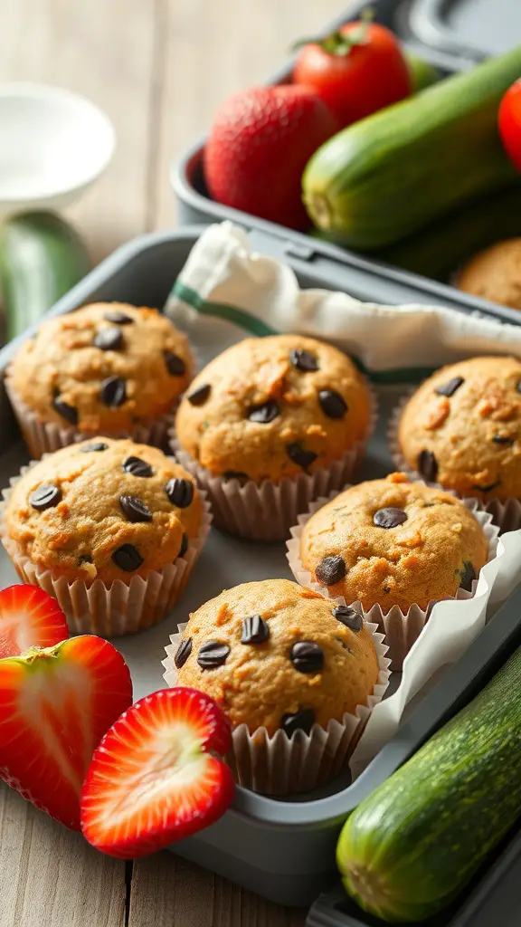 Mini zucchini muffins in a lunchbox with fresh fruits