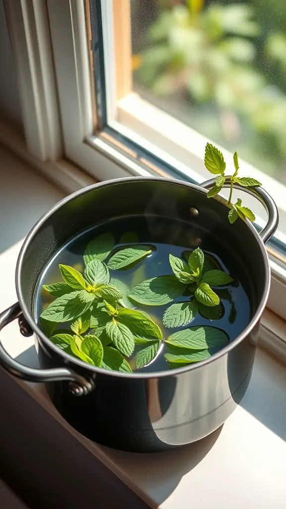 A simmer pot with fresh mint leaves sitting on a windowsill.