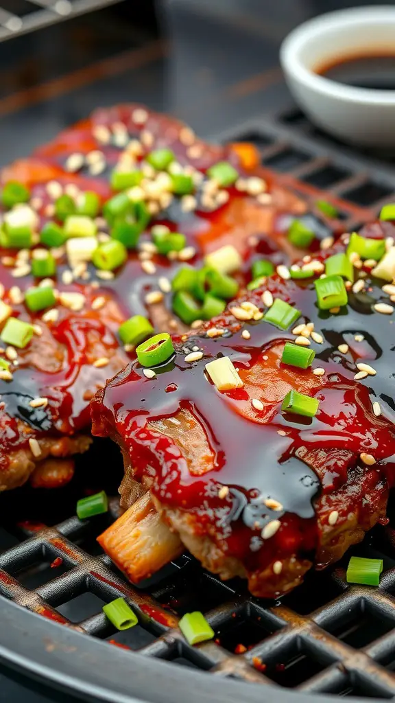 Delicious miso-glazed beef short ribs garnished with green onions and sesame seeds.