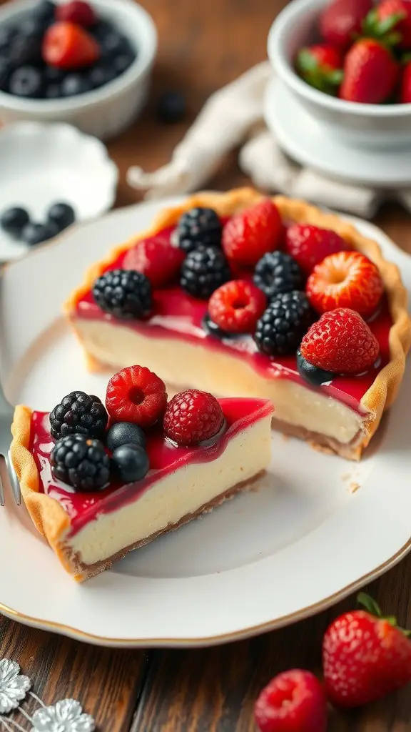 A slice of Mixed Berry Custard Pie topped with various fresh berries on a plate.