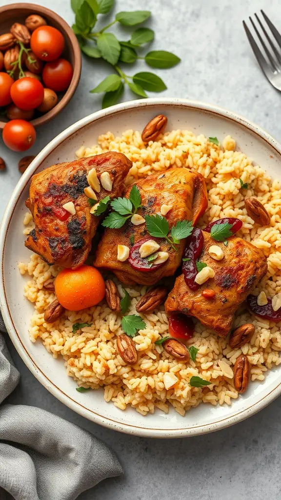 A plate of Moroccan spiced chicken served with rice and garnished with nuts and herbs.