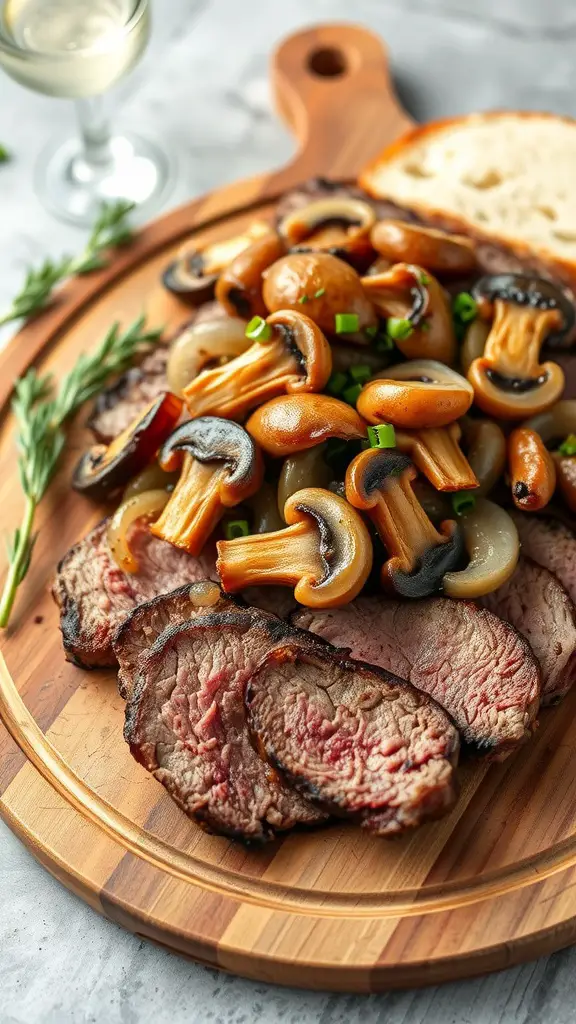 Grilled sirloin steak served with sautéed mushrooms and onions on a wooden platter.