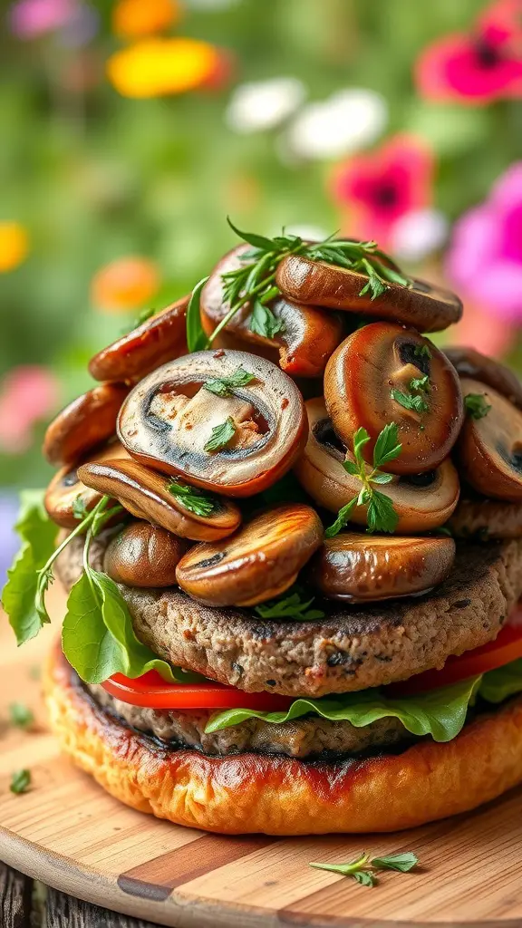 Mushroom Swiss Burger stacked high with sautéed mushrooms and herb mayo.