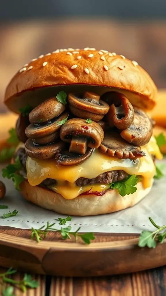 A delicious Mushroom Swiss Delight burger featuring a juicy beef patty topped with sautéed mushrooms and melted Swiss cheese, served in a sesame seed bun.