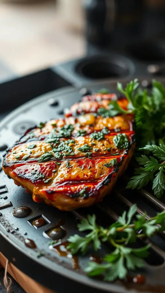 A grilled pork steak garnished with fresh herbs, showcasing a flavorful marinade.