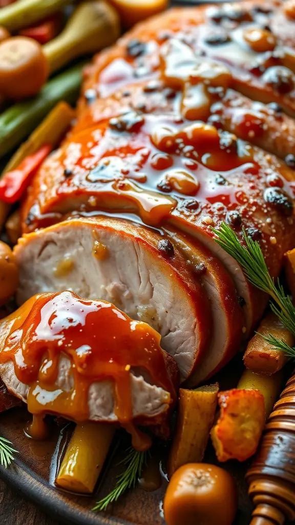Mustard and honey glazed pork loin with roasted vegetables