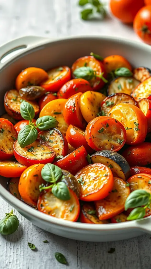 A colorful one-pan ratatouille casserole filled with sliced zucchini, eggplant, tomatoes, and topped with melted cheese.