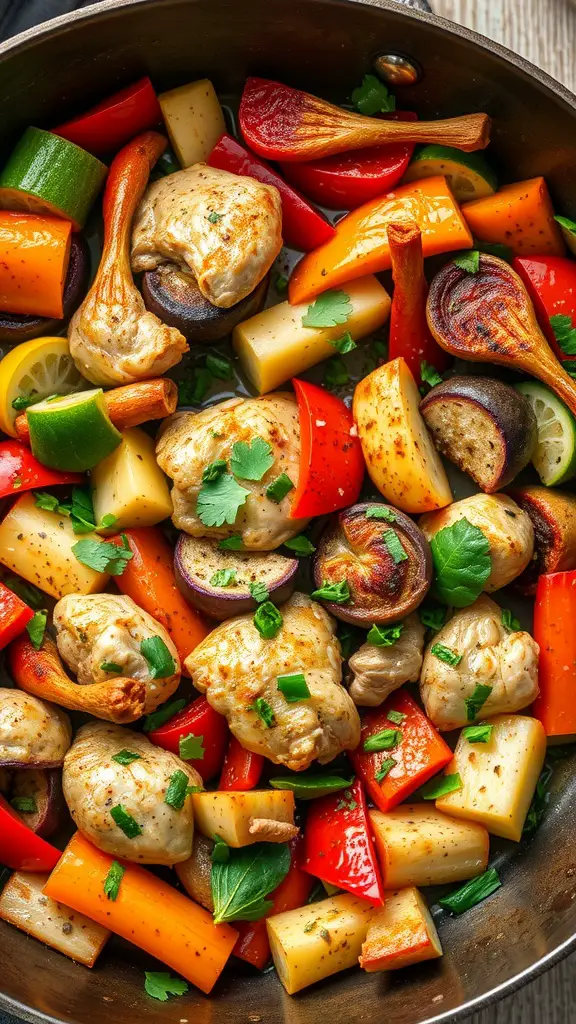 A colorful one-pan turkey and vegetable stir-fry ready to eat.