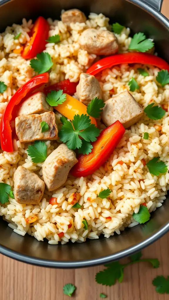 A colorful one-pan dish featuring ground turkey, rice, and bell peppers.