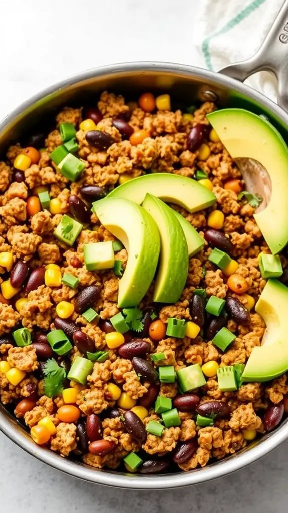 A skillet filled with cooked ground turkey, black beans, corn, and garnished with avocado slices and cilantro.