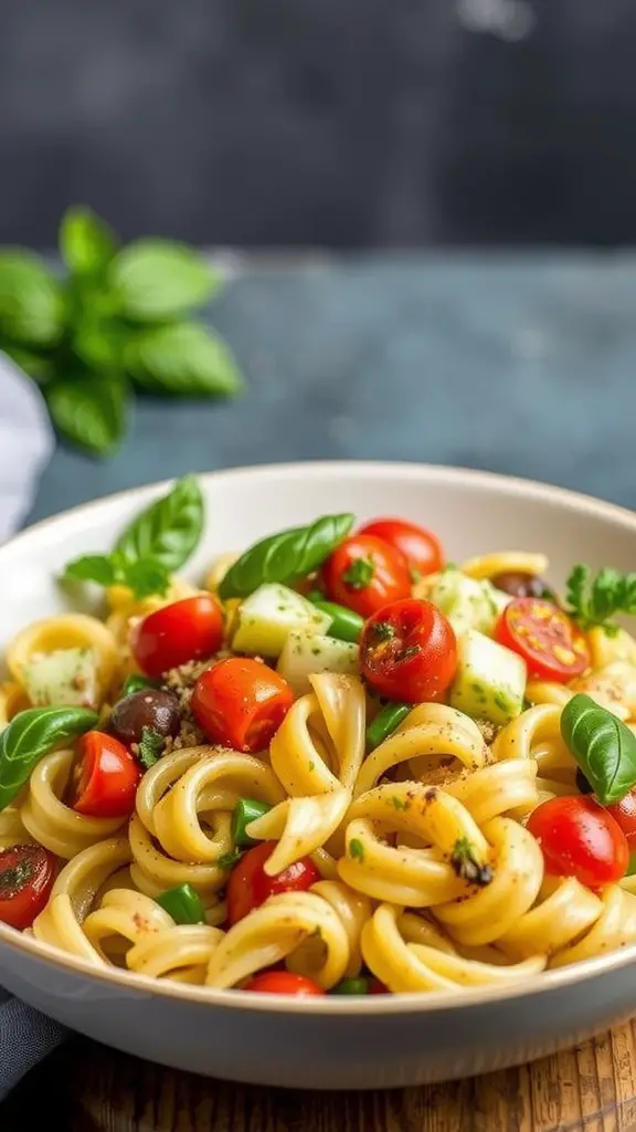 A bowl of pasta salad with pesto, cherry tomatoes, zucchini, bell peppers, and mozzarella.