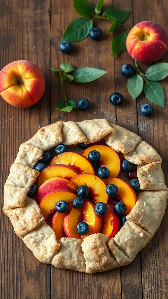 A beautifully arranged peach and blueberry galette on a wooden table.