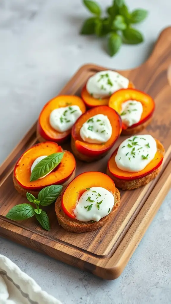 Crostini topped with peaches and burrata cheese, garnished with herbs