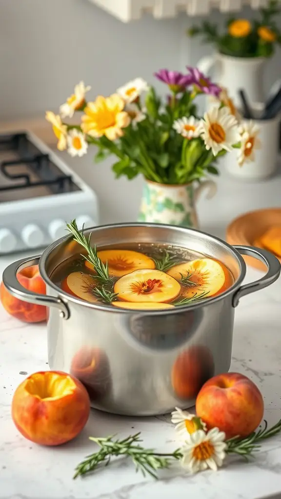 A simmer pot with slices of peaches and fresh rosemary, set against a backdrop of flowers.