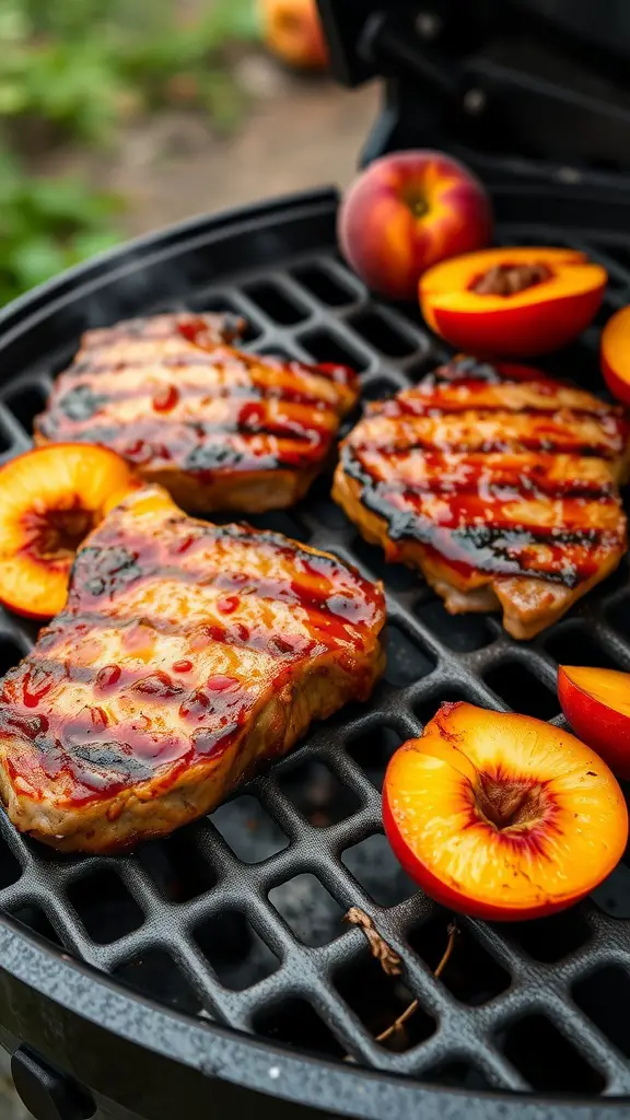 Grilled pork chops with peach slices on a grill.