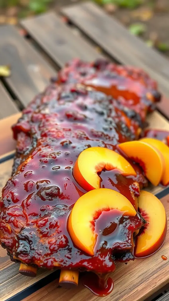 Delicious peach bourbon BBQ ribs with a rich glaze and peach slices