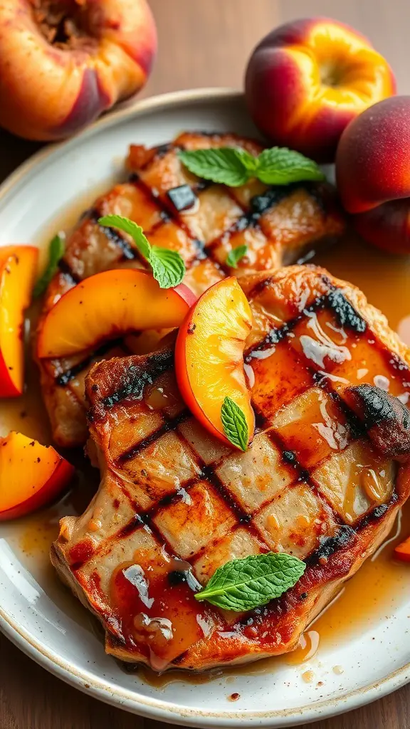 Grilled pork chops with peach bourbon glaze garnished with fresh mint and peach slices.