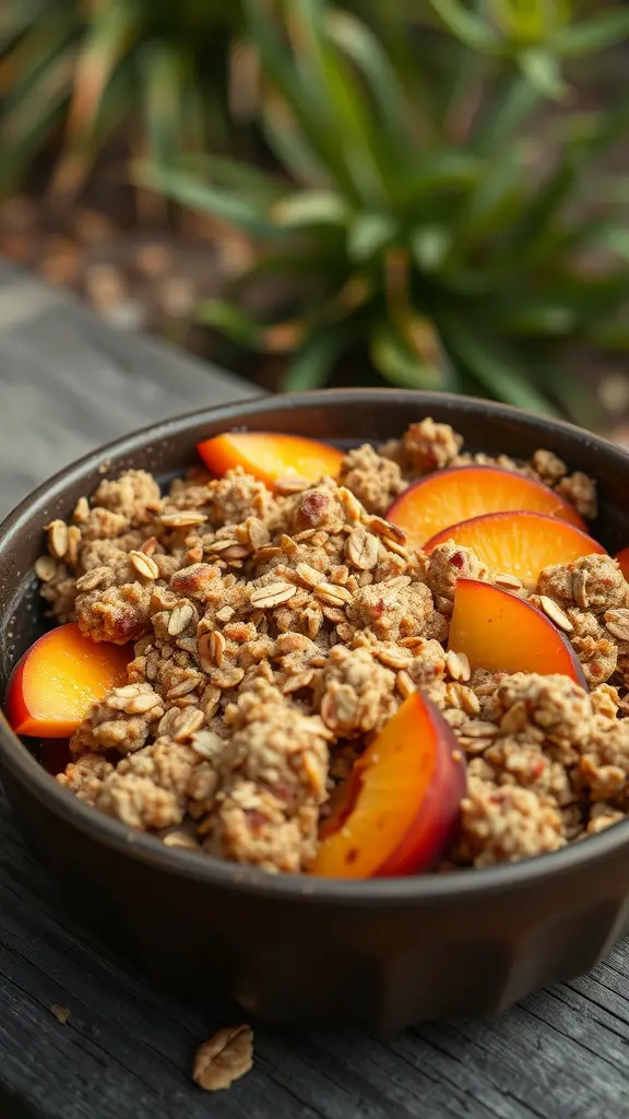 A delicious peach crisp dessert with an oat topping served in a bowl.