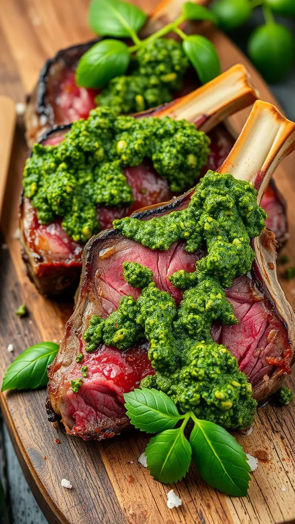 Grilled lamb chops topped with pesto sauce on a wooden platter.