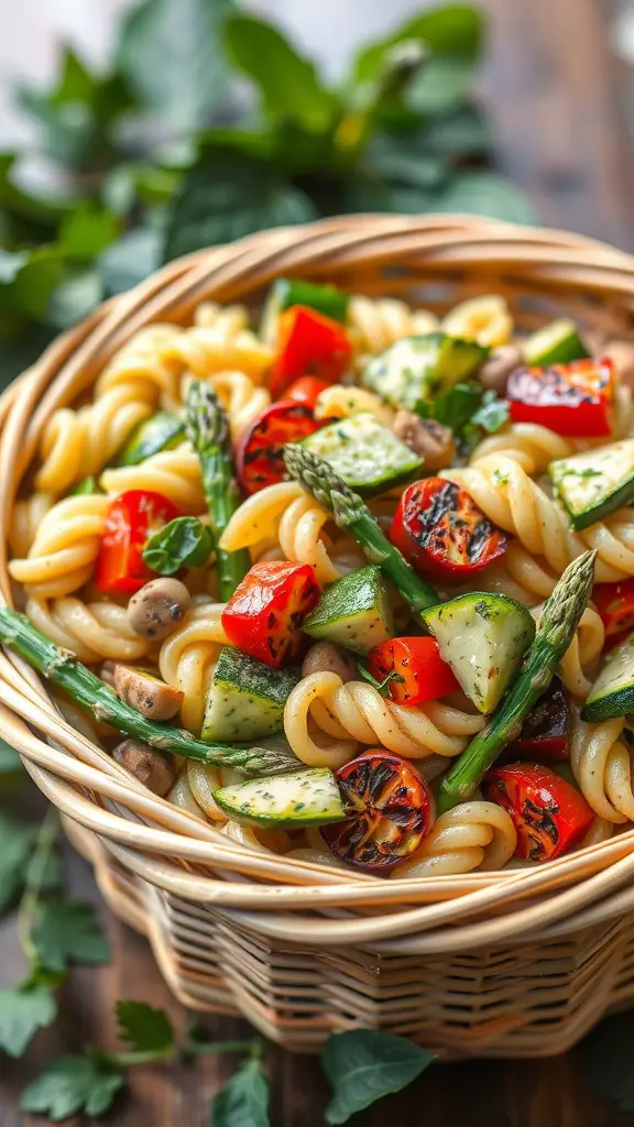 A bowl of pesto pasta salad with grilled vegetables.