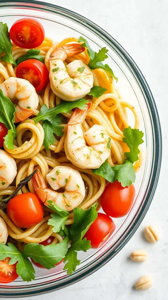 A bowl of pesto shrimp pasta salad with shrimp, cherry tomatoes, and arugula.